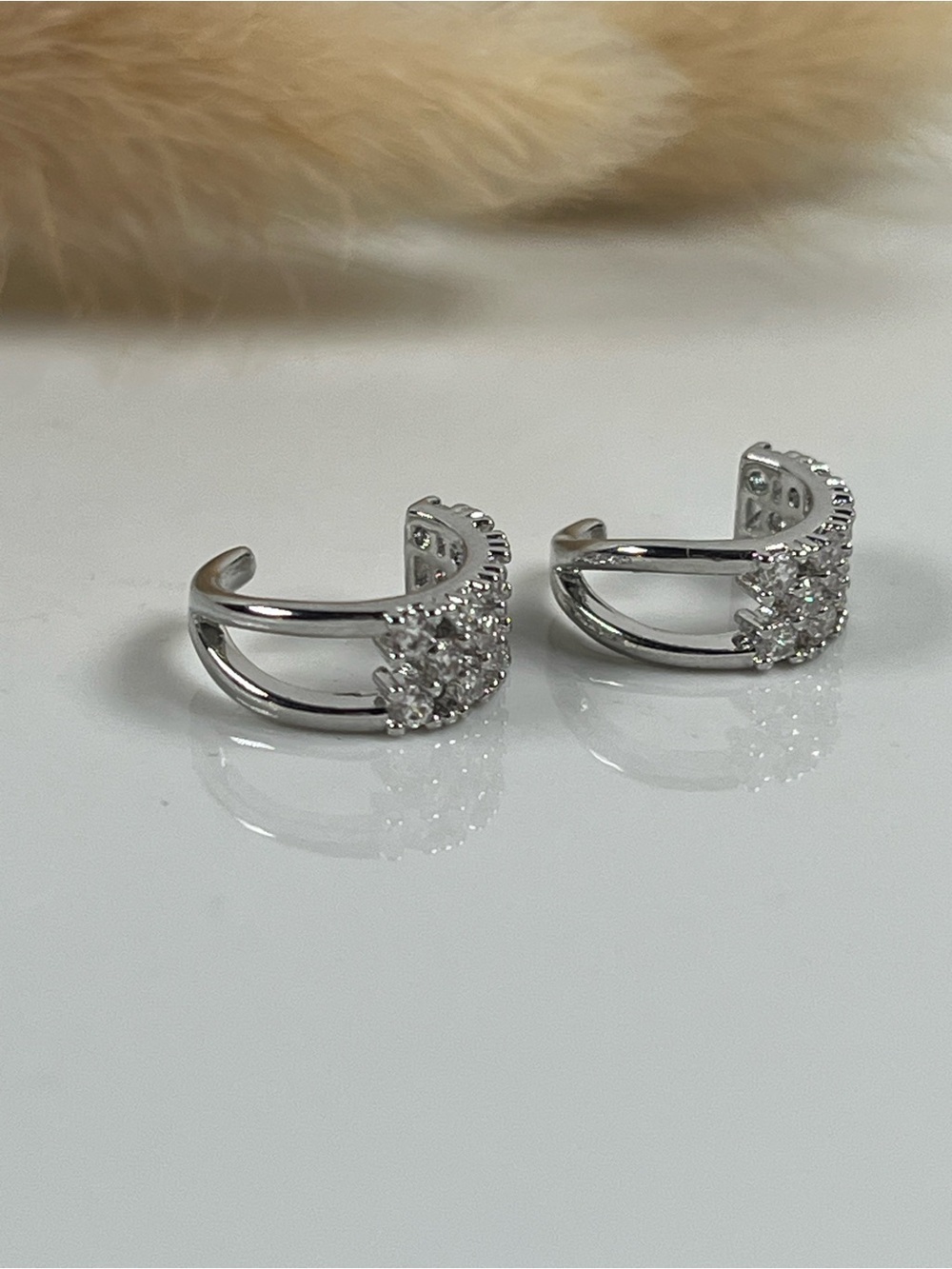 White Gold Overlay Cubic Zirconia Ear Cuffs - Picture 5 of 8